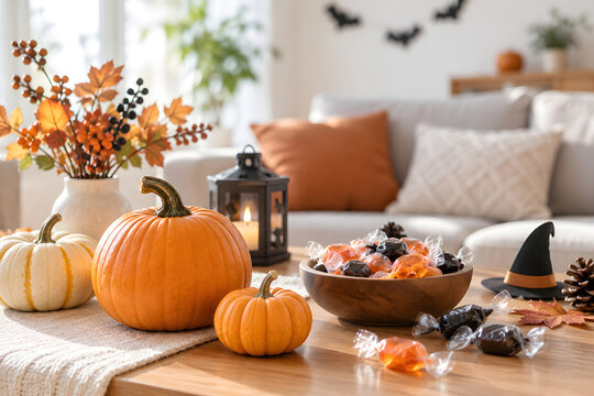 Autumn home interior decorated with pumpkins and seasonal accents