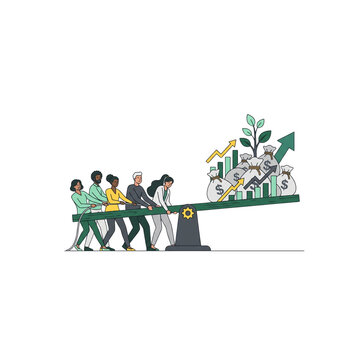 Corporate flat design business leverage investment and revenue growth illustration with team pulling seesaw to lift money bags PNG clipart isolated on transparent background