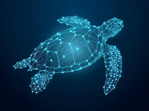 Glowing blue wireframe sea turtle swimming through digital space