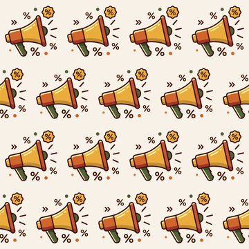 Seamless marketing pattern featuring megaphone icons and percent symbols for retail sales and brand promotion.