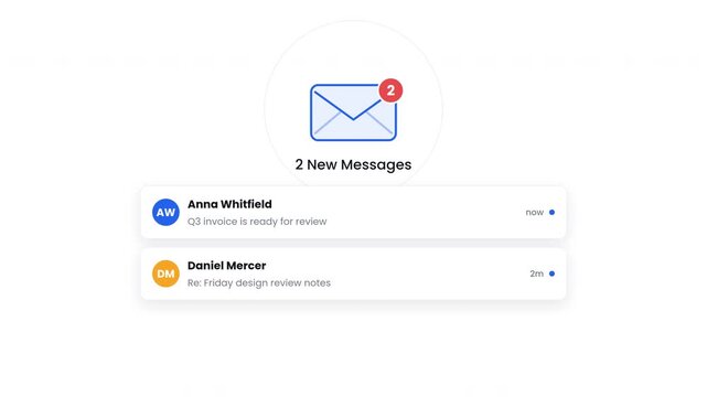 Minimalist Email Inbox Notification UI Interface Displaying Envelope Icon with Red Badge and 3 New Incoming Message Cards. Digital Business Communication and Email Marketing Concept.