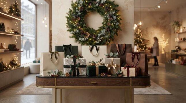 Festive christmas wreath hanging above gift boxes on a wooden table in a boutique store with christmas boutique shopping