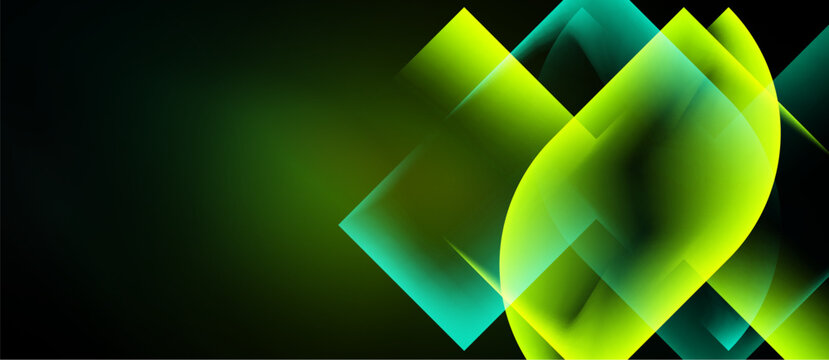 Abstract geometric shapes, vibrant green hues, dark background. Overlapping layers create luminous effect, modern design.