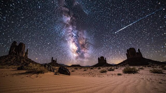 Milky Way Galaxy Over Desert Rock Formations Under a Starry Night Sky