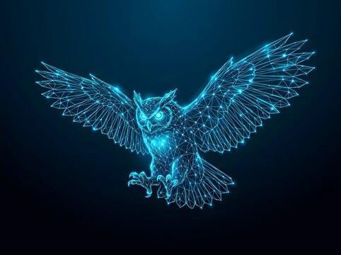 Glowing blue digital owl flying in wireframe style