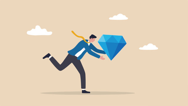 Core competency, focusing on strengths, specialized business skill concept, businessman holding a bright flat solid diamond, clean minimal flat vector illustration