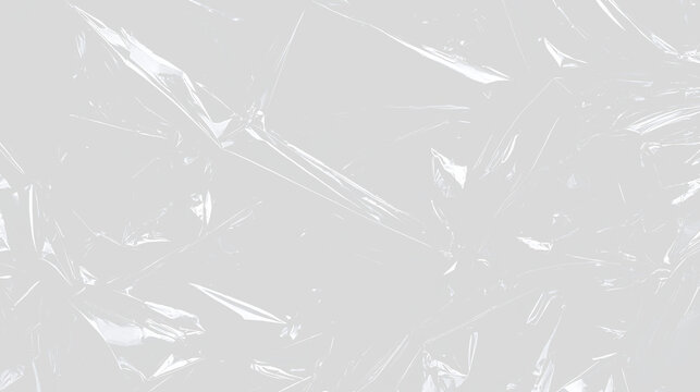 Transparent wrinkled plastic wrap texture overlay. Creased cellophane film background with realistic light reflections