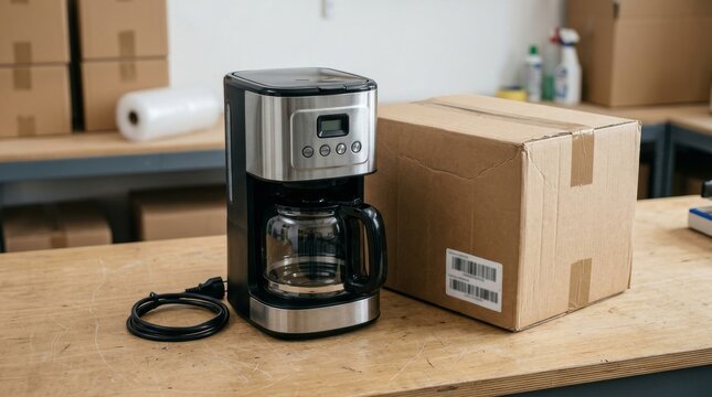 Post Christmas Returns Refunds and Recommerce, Coffee maker beside a cardboard box on a wooden table in a workspace.