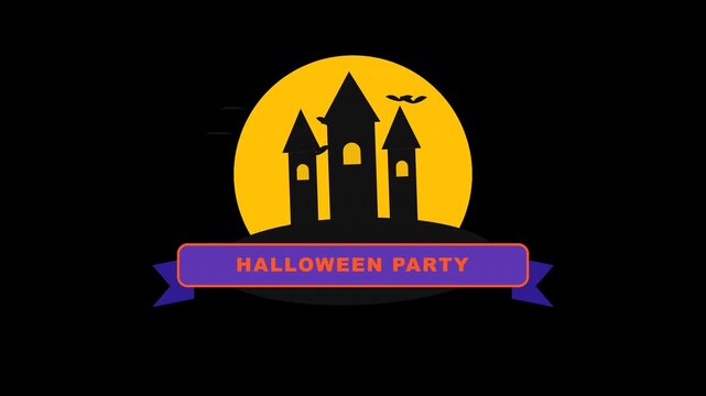 Flat Halloween haunted house spooky party badge with animated full moon, flying bats, and castle silhouettes on transparent background