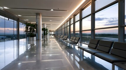Fototapeta premium Modern airport terminal hallway with sleek seating reflective floor and large overlooking runway at dusk