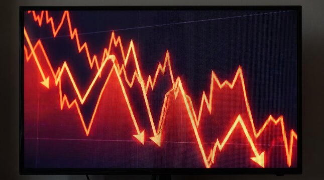 Business news broadcast featuring volatile stock market graph, illustrating recession, economic uncertainty, financial instability, market fluctuations, investment risks