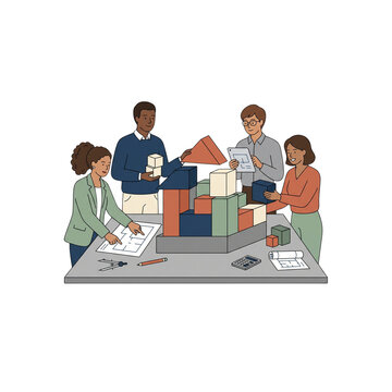 Corporate flat design business architecture planning and strategy building illustration with team constructing geometric blocks on blueprint desk PNG clipart isolated on transparent background