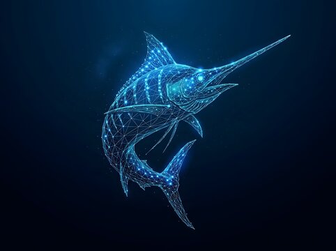 Futuristic glowing blue marlin fish made of digital polygons