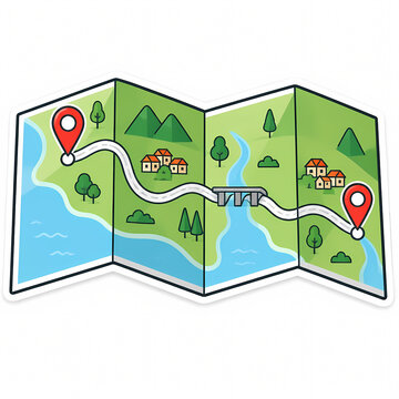 Folded Paper Travel Map Vector Illustration with Winding Road and Red Navigation Pins, Cartoon Style Map Showing Landscape with River, Mountains, Trees, and a Small Rural Village