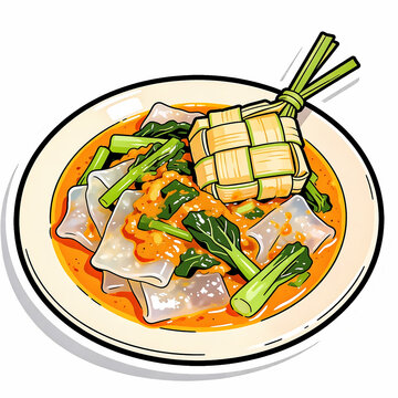 Hand-drawn vector illustration of Ketupat Sayur, a traditional Indonesian culinary dish consisting of compressed rice cakes in savory vegetable curry soup, served on a white plate.