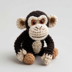 Fototapeta premium Small Handmade Knitted Monkey Stuffed Toy Sitting Against Plain Light Grey Studio Background