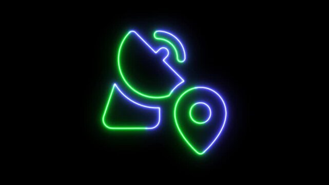 Neon satellite dish icon with a location map pin on a dark background