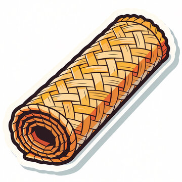Rolled Traditional Woven Mat Vector Illustration with Sticker Outline Style, Handcrafted Natural Straw or Bamboo Texture for Picnic, Yoga, or Home Decor, Isolated on White Background