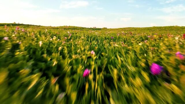 Vibrant wildflower meadow in golden hour sunlight, gentle breeze rustling grass and petals