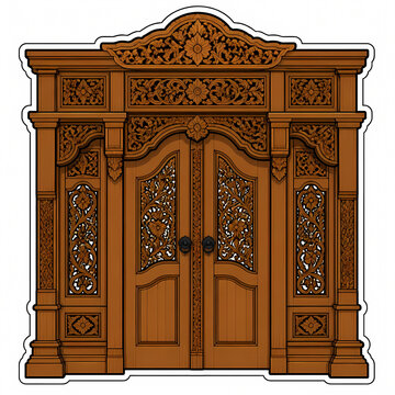 Traditional Javanese Gebyok Wooden Door Illustration, Intricate Floral Carving Design of Indonesian Cultural Architecture, Decorative Handcrafted Woodwork Vector Graphic on White