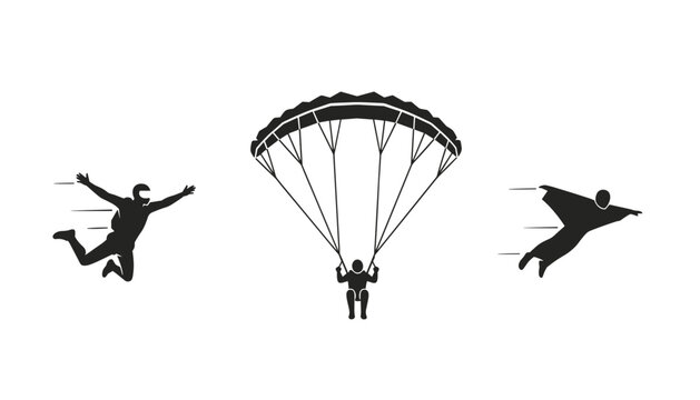 Skydiving sport silhouettes showing a freefall skydiver, a parachutist under canopy, and a wingsuit flyer.