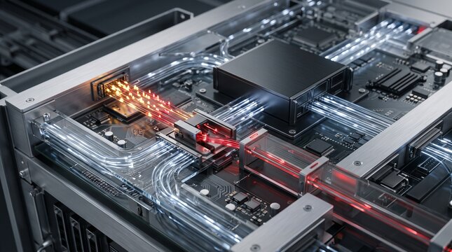Close up of a liquid cooled computer processor with glowing red light pipes