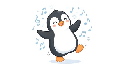 Obraz premium Happy penguin character dancing with musical notes in a cheerful illustration