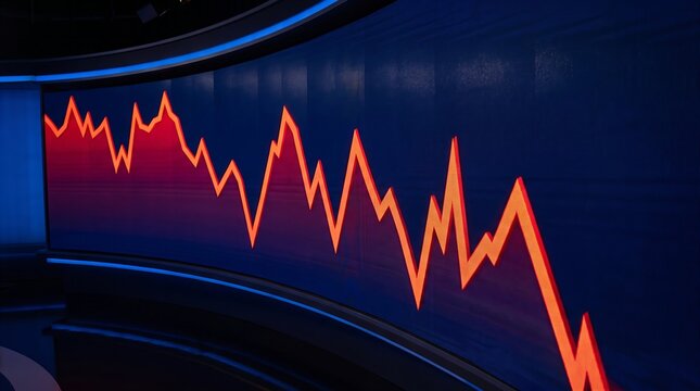 Business news broadcast featuring volatile stock market graph, illustrating recession, economic uncertainty, financial instability, market fluctuations, investment risks
