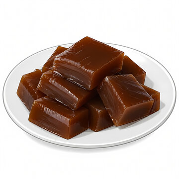Vector illustration of a plate of dodol, a traditional Southeast Asian sweet toffee-like confection made from coconut milk and palm sugar, sticky brown cubes served on a white plate.