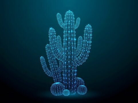 Glowing digital wireframe cactus growing on dark blue background