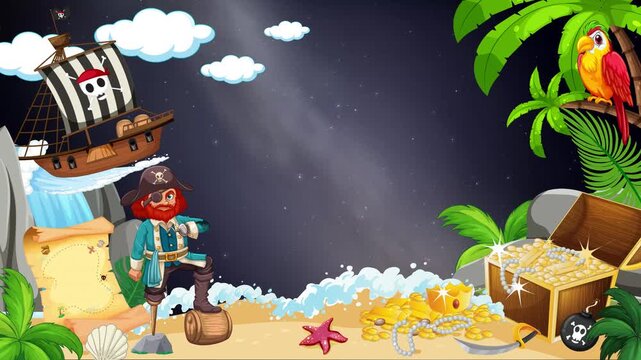 Pirate Island Cartoon Animation with Copy Space and Night Sky