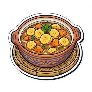 Vector Illustration of Traditional Indonesian Kolak Pisang Dessert, Sliced Banana and Sweet Potato in Coconut Milk Broth Served in a Ceramic Bowl on a Woven Bamboo Mat Coaster