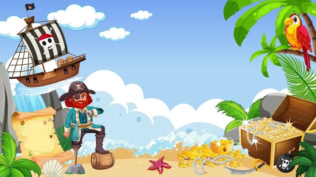 Cartoon Pirate on Beach with Treasure Chest and Ship Loop Animation