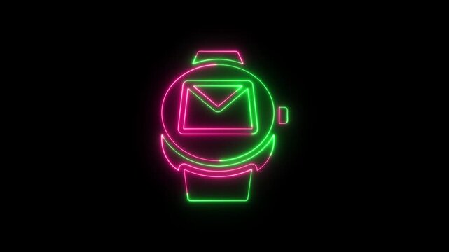 Neon smart watch icon with a mail message envelope symbol on the digital display screen