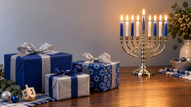 Hanukkah gifts beside a glowing menorah