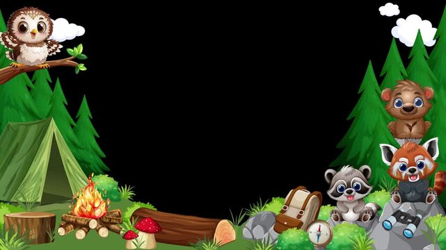 Cartoon Camping Wildlife Border Frame with Blank Copy Space Loop