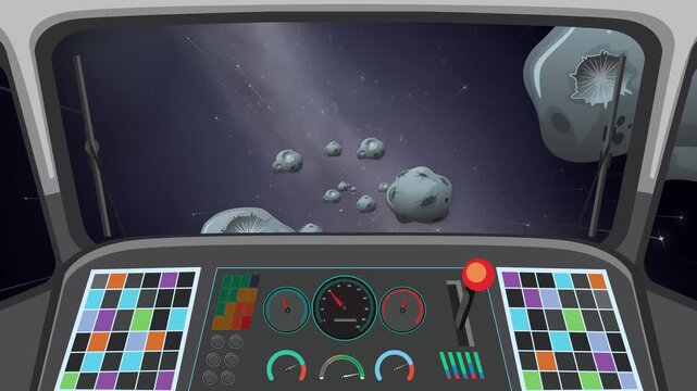 Cartoon Spaceship Flying Through Asteroid Field in Deep Space Animation
