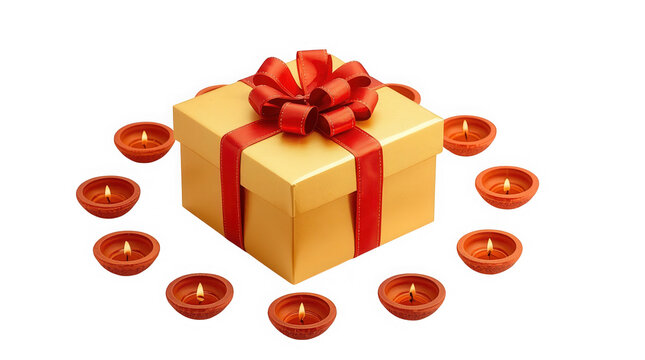 Golden gift box tied with an elegant red ribbon sits encircled by glowing clay diya oil lamps on a transparent surface.