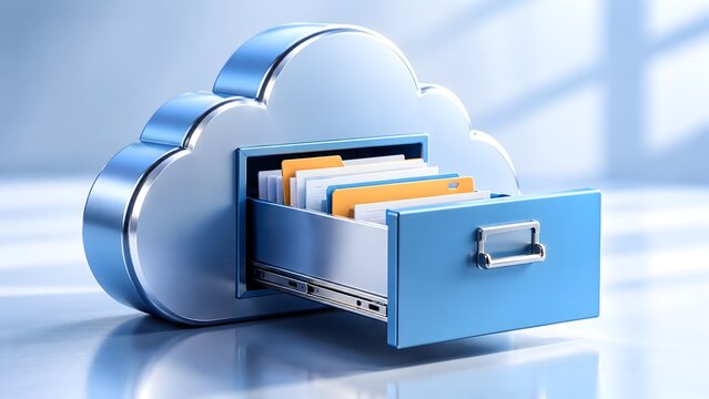 3D cloud computing file cabinet drawer with colorful folders representing digital document management and online archiving system