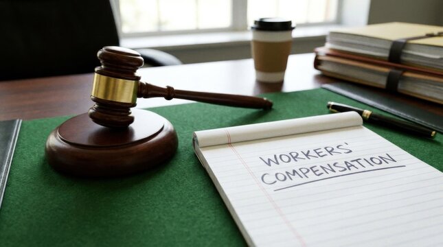 Gavel and notepad with text workers compensation on green