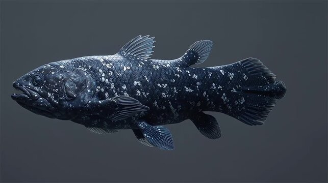 Prehistoric coelacanth fish swimming in dark deep water