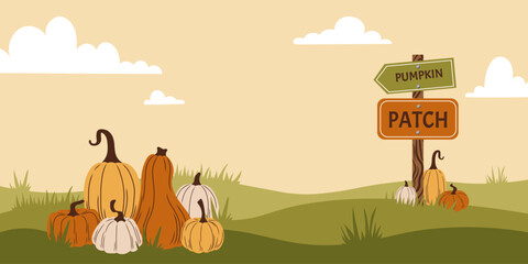 Obraz premium Pumpkin patch farm festival vector illustration. Hand drawn autumn colors Harvest and Thanksgiving day concept banner. Wooden pumpkin patch sign board wallpaper