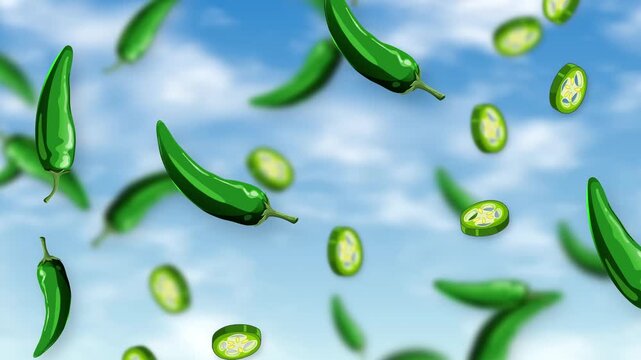 Green Chili Peppers and Slices Falling Against a Blue Sky