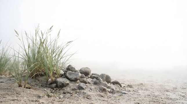 Natural dune grass growing among weathered stones in a minimalist landscape, creating a calm coastal and desert-inspired nature scene.