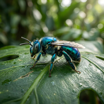 Close-up of a stunning blue metallic bee on a green leaf in nature.