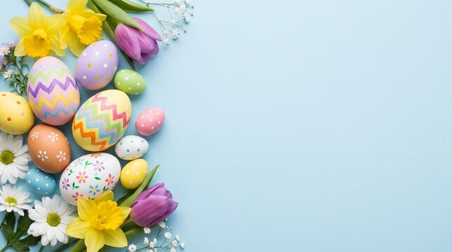 Easter celebration scene on clean blue background, featuring colorful decorated eggs, flowers, joyful seasonal atmosphere