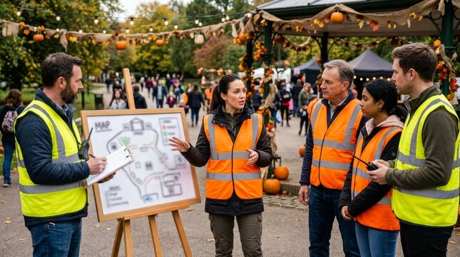 Halloween Event Safety and Emergency Preparedness, Team discussing event plans with a map in a festive outdoor setting.