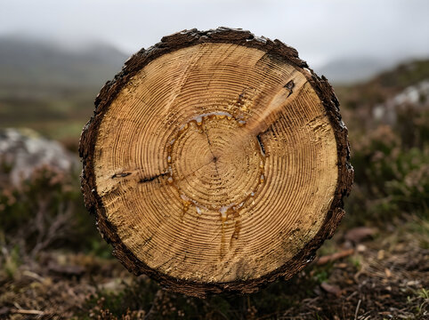 Close-up of a cut tree stump showing natural growth rings in a forest setting.