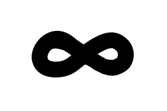 A bold black infinity symbol centered on a solid white background, representing eternity, endlessness, and limitlessness in a minimal vector graphic style.
