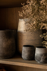 Fototapeta premium Close up of rustic ceramic cups and textured earthenware vase filled with delicate dried flowers on a wooden shelf.